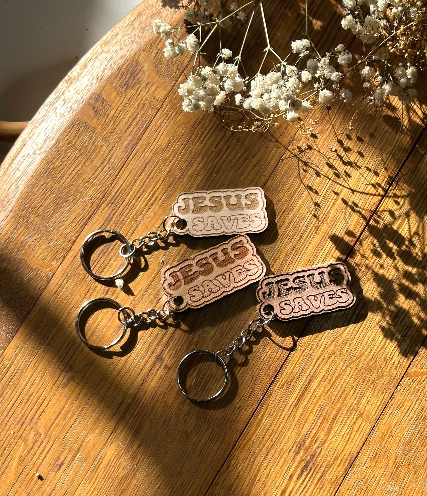 Jesus Saves (bubble letters) - Wooden Keychain