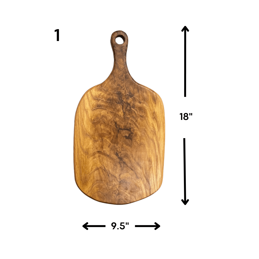 Rustic Oak - Handmade Wooden Charcuterie Boards - RTS syle 1 front view with dimension labels