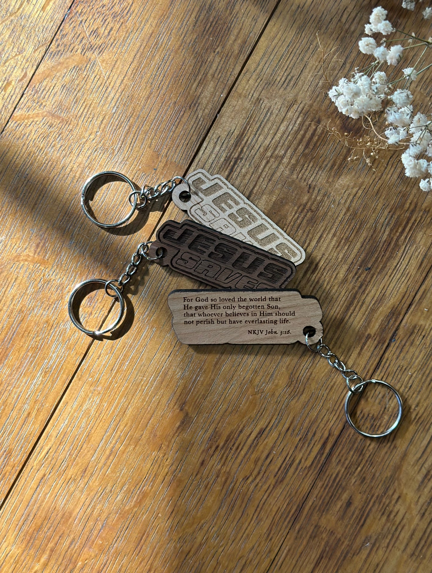 Jesus Saves Retro Wooden Keychain John 3:16