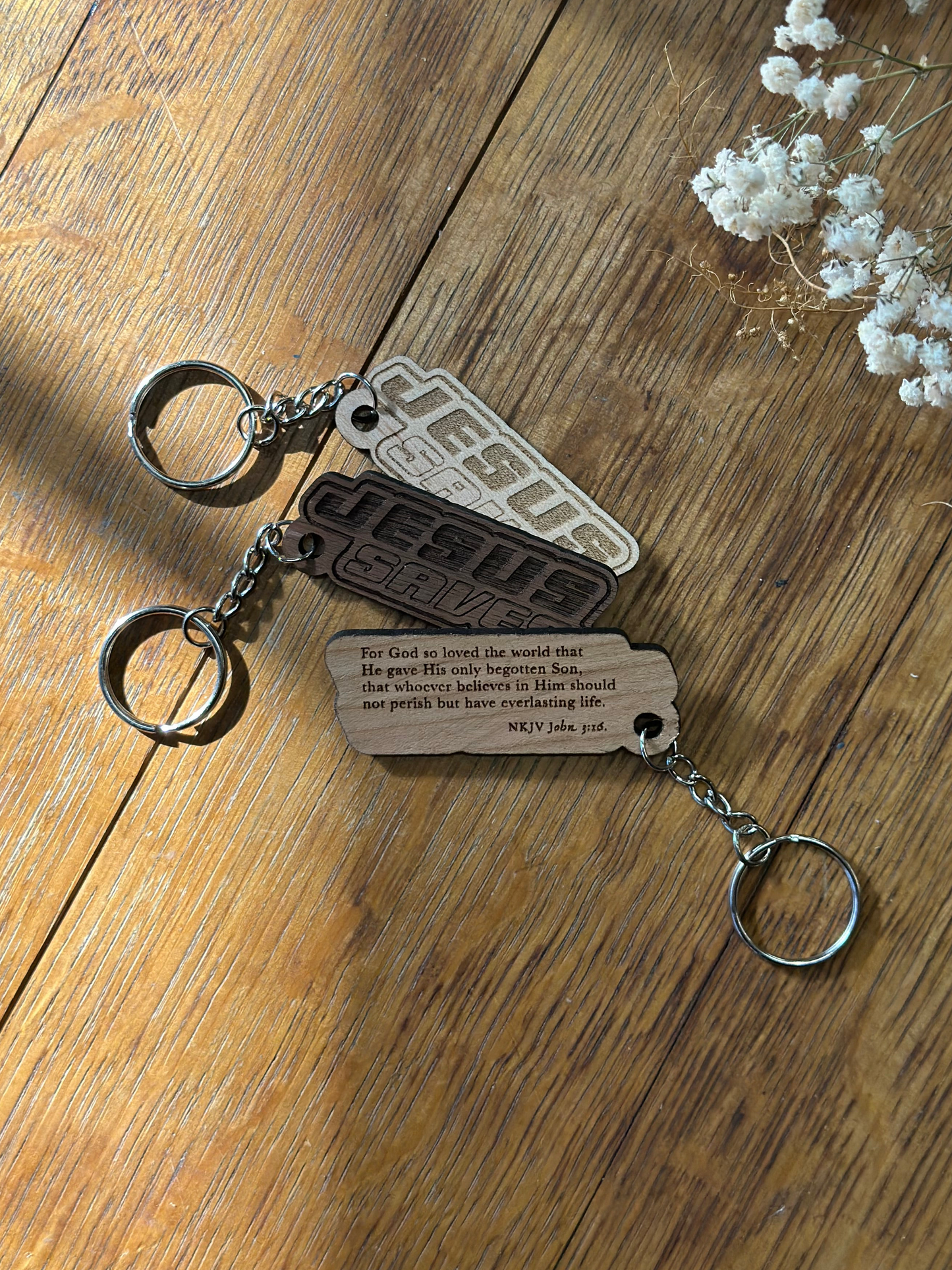 Jesus Saves Retro Wooden Keychain John 3:16