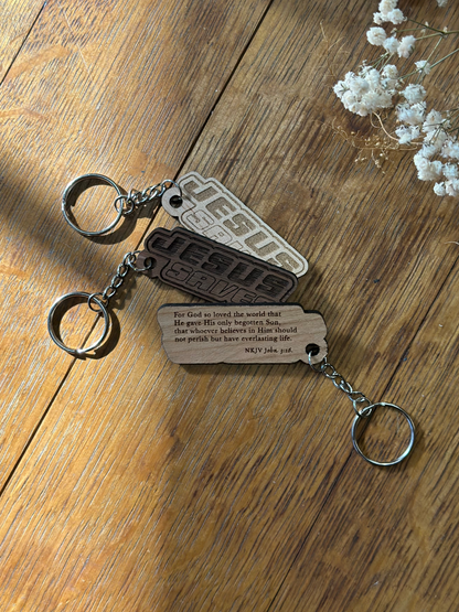 Jesus Saves Retro Wooden Keychain John 3:16