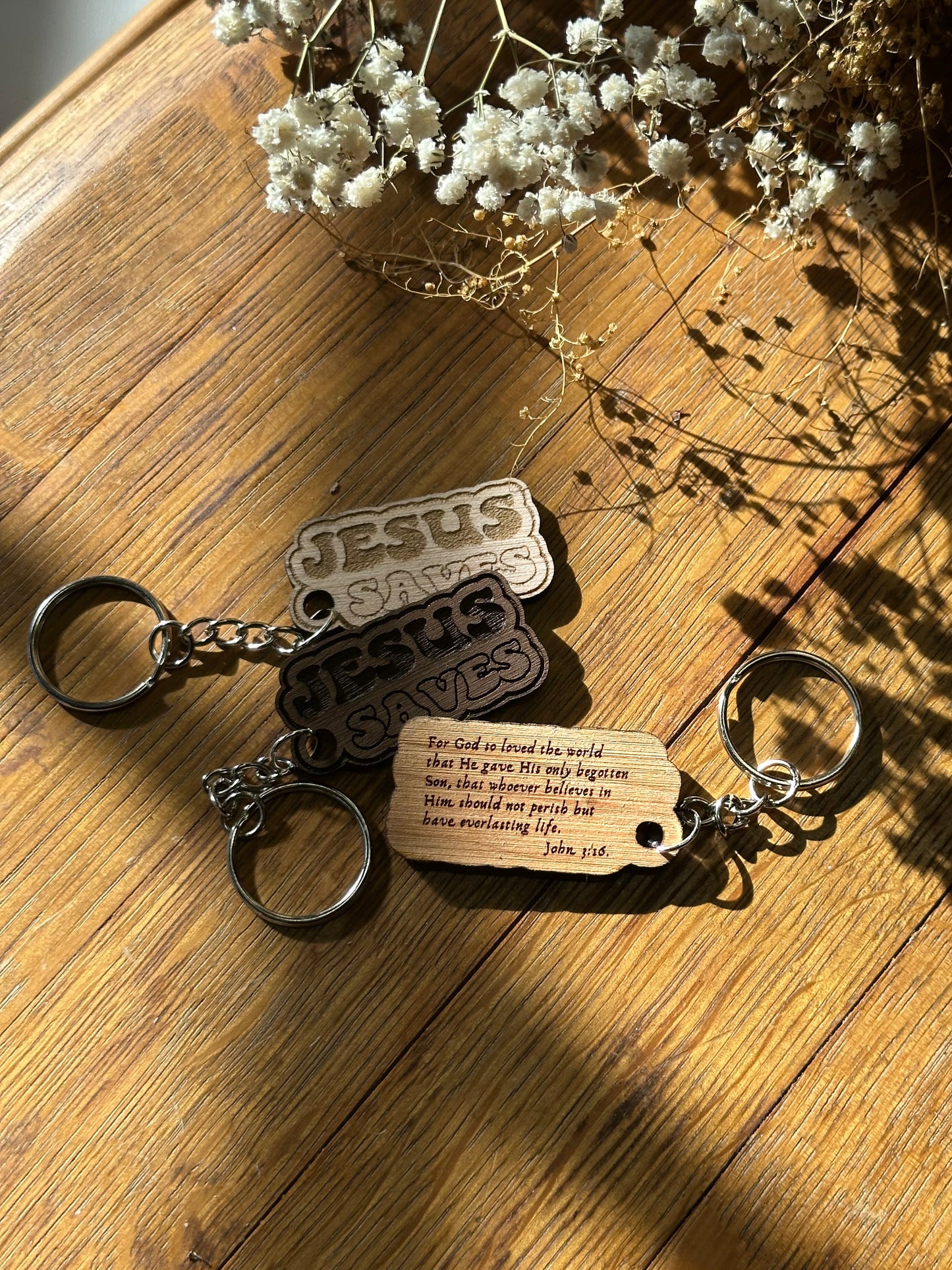 Jesus Saves (bubble letters) - Wooden Keychain