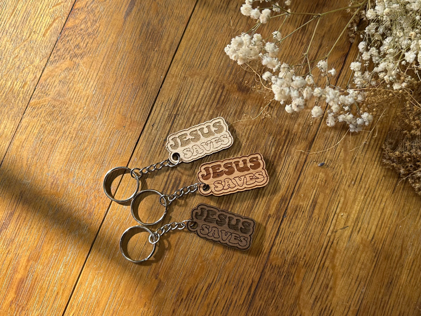 Jesus Saves (bubble letters) - Wooden Keychain