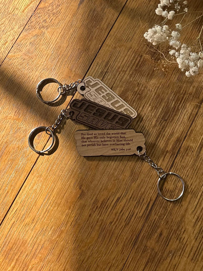Jesus Saves Retro Wooden Keychain John 3:16