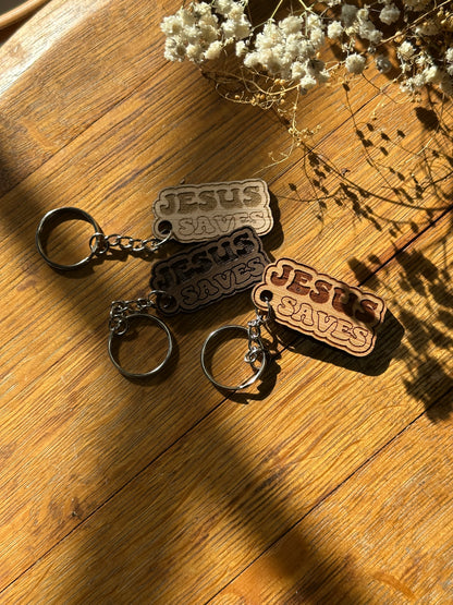 Jesus Saves (bubble letters) - Wooden Keychain