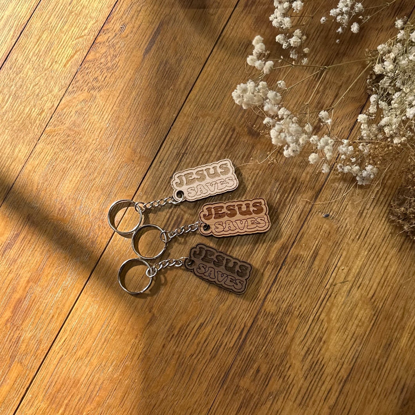 Jesus Saves (bubble letters) - Wooden Keychain