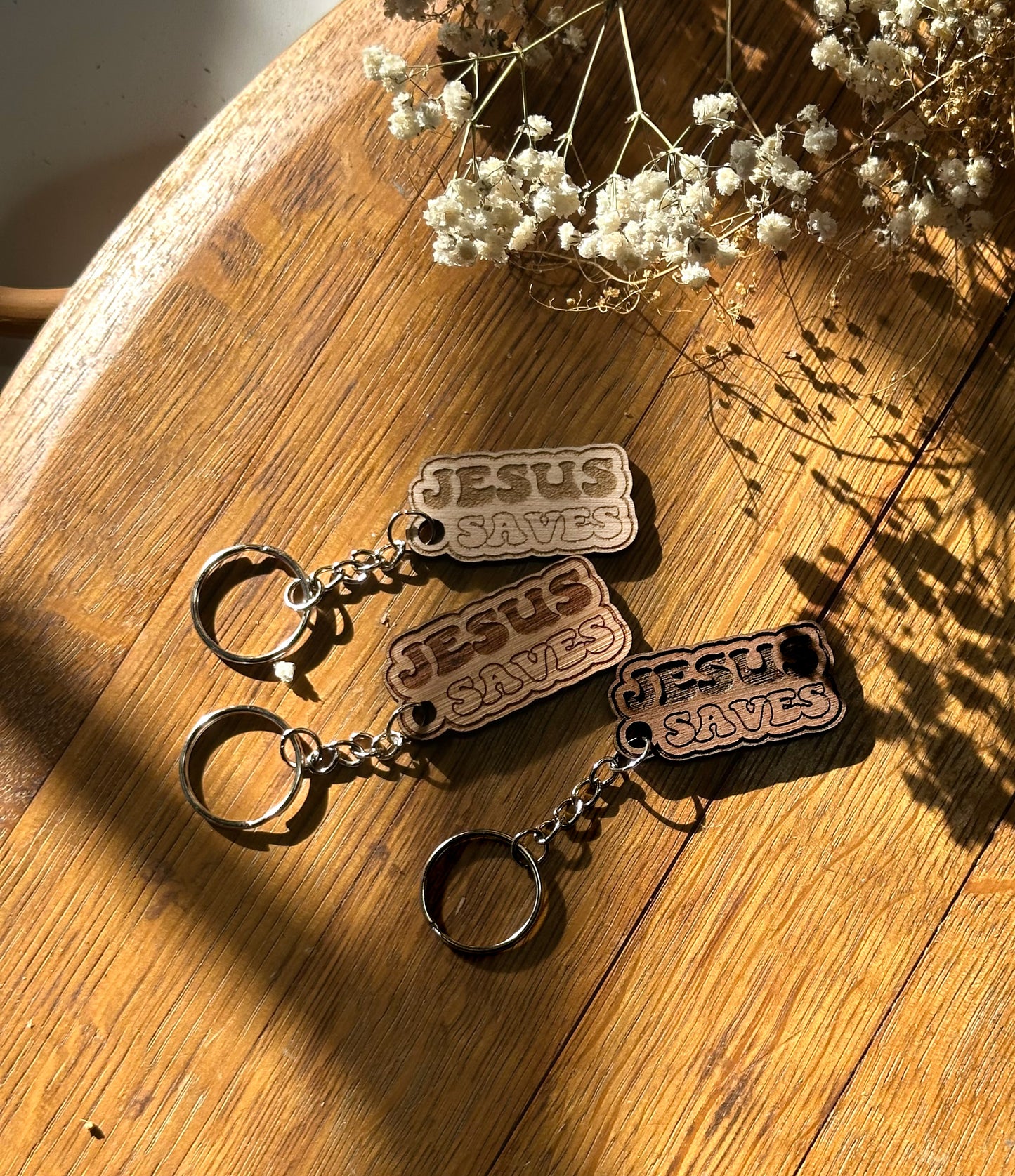 Jesus Saves (bubble letters) - Wooden Keychain