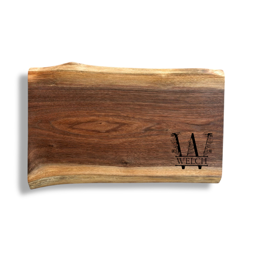 Floral Monogram - Engraved Live Edge Walnut Charcuterie Board