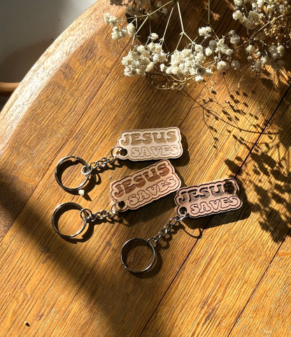 Jesus Saves (bubble letters) - Wooden Keychain