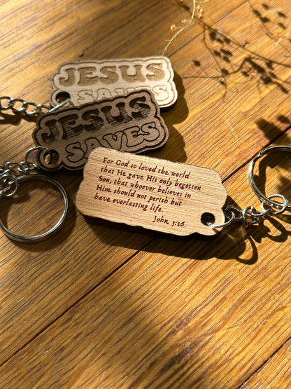 Jesus Saves (bubble letters) - Wooden Keychain