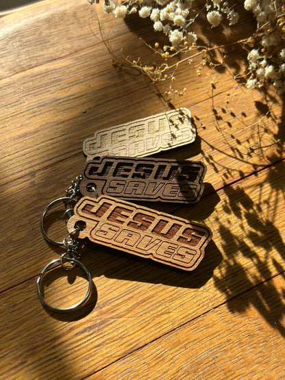 Jesus Saves Retro Wooden Keychain John 3:16
