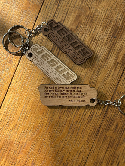 Jesus Saves Retro Wooden Keychain John 3:16