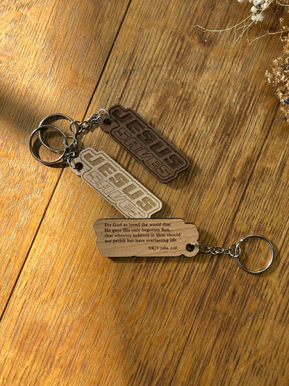 Jesus Saves Retro Wooden Keychain John 3:16