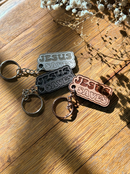 Jesus Saves (bubble letters) - Wooden Keychain