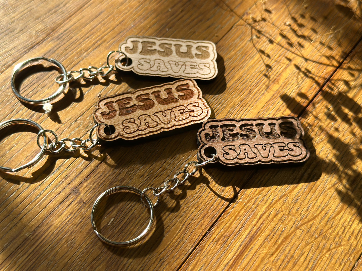 Jesus Saves (bubble letters) - Wooden Keychain