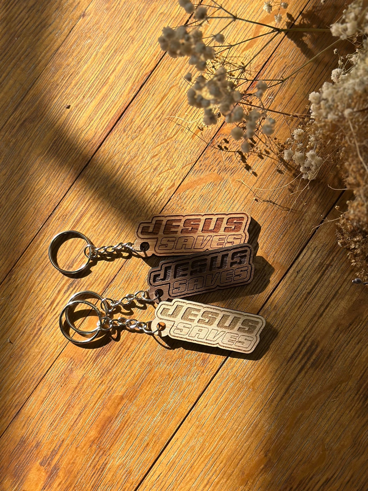 Jesus Saves Retro Wooden Keychain John 3:16