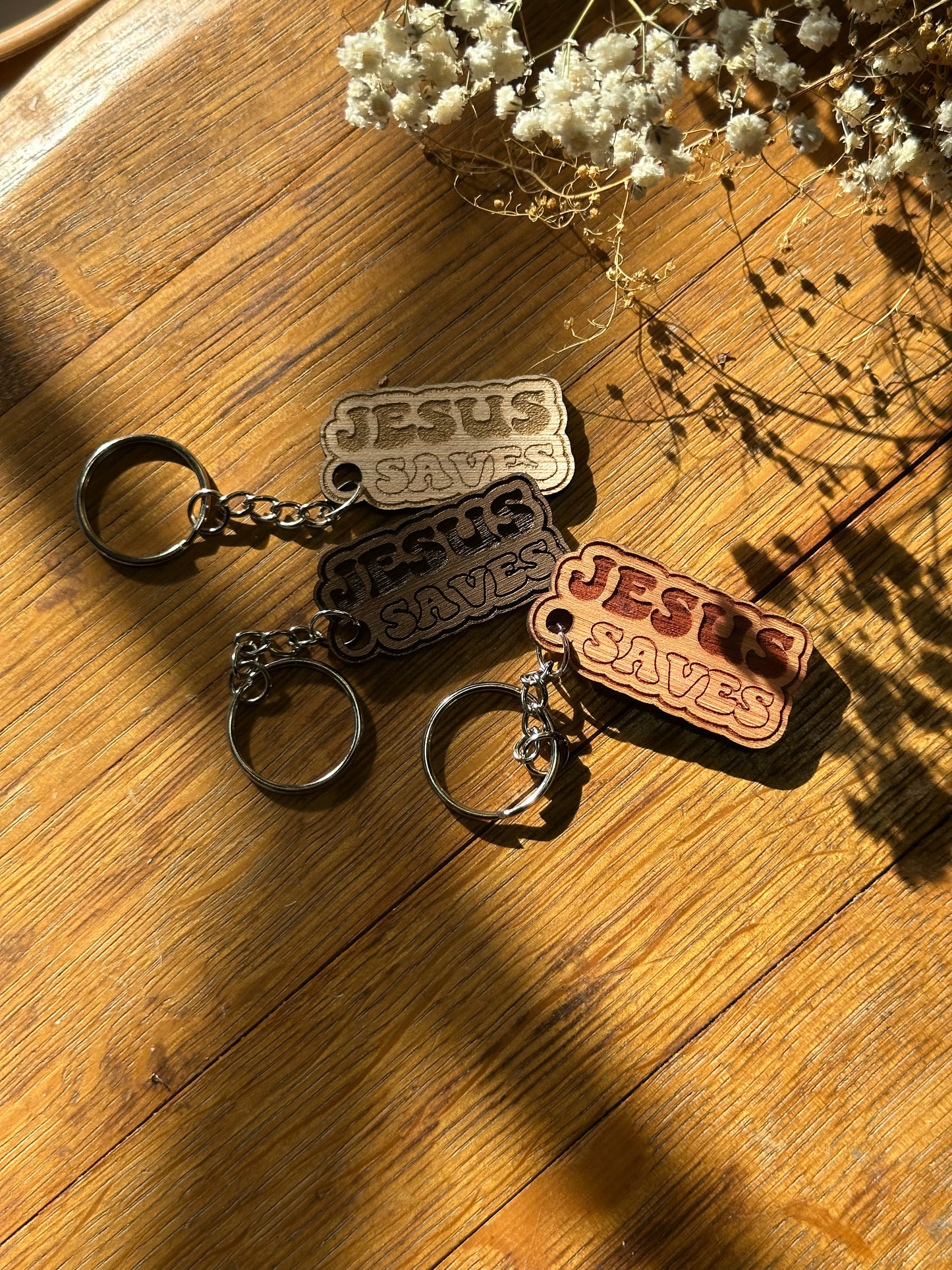 Jesus Saves (bubble letters) - Wooden Keychain