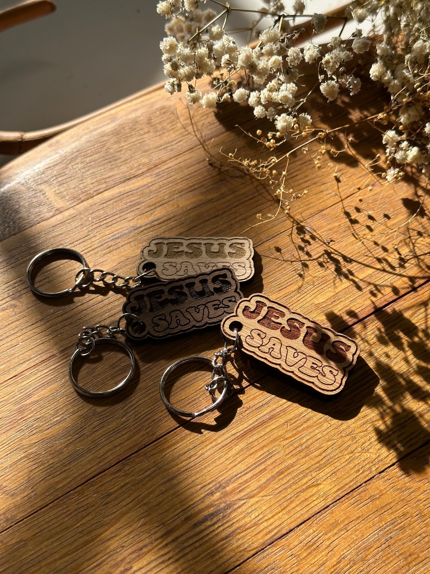 Jesus Saves (bubble letters) - Wooden Keychain