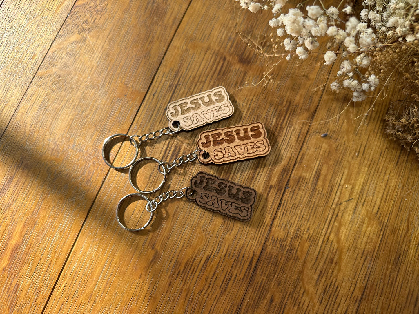 Jesus Saves (bubble letters) - Wooden Keychain