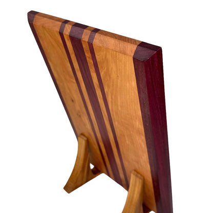 Cherry and Purple Heart - Handmade Wood Cutting Board - RTS back view on display stand