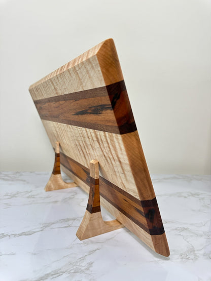 Exotic Fancy Maple - Handmade Wooden Cutting Board - RTS side view on display stands