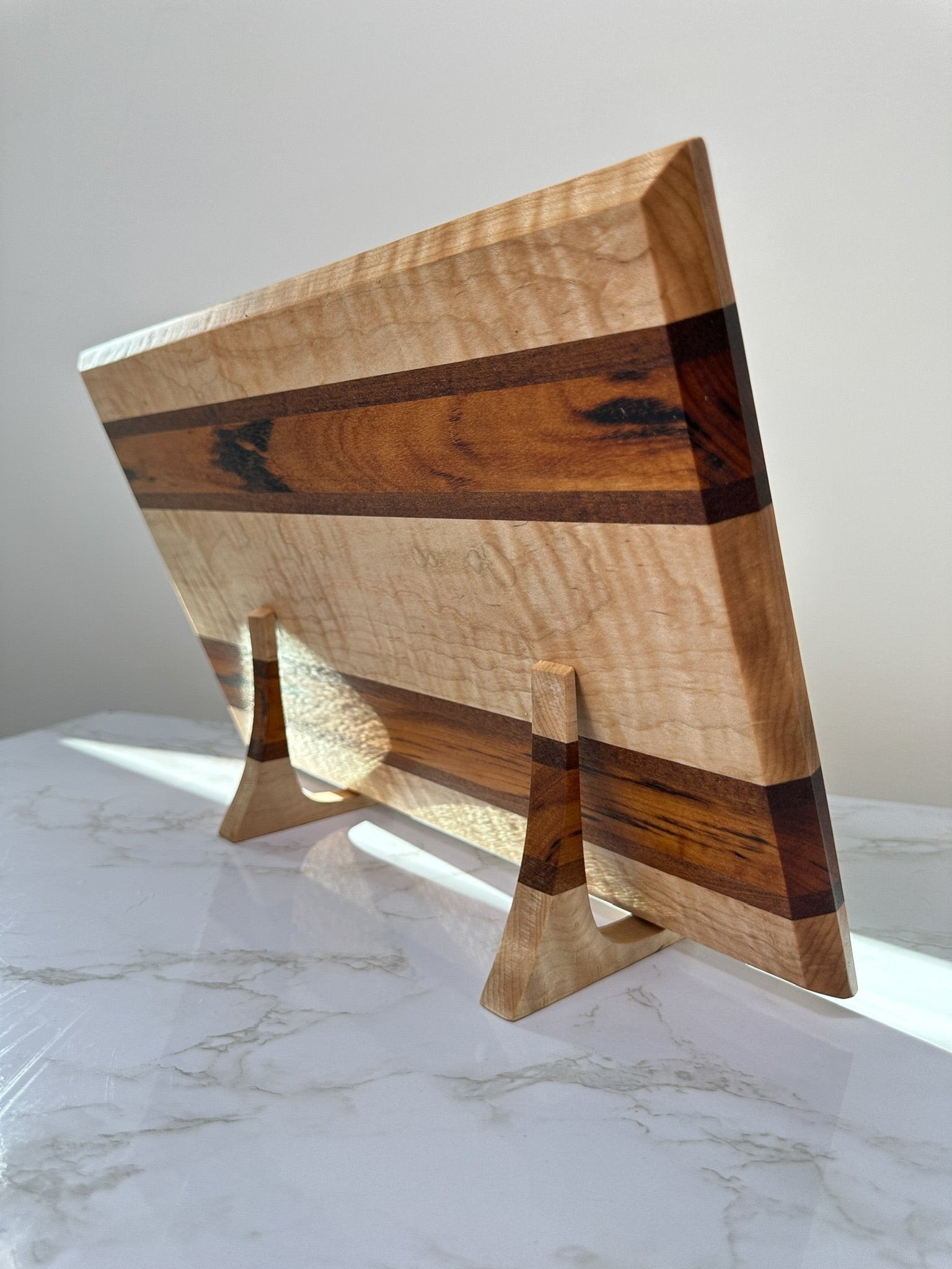 Exotic Fancy Maple - Handmade Wooden Cutting Board - RTS back view on display stands