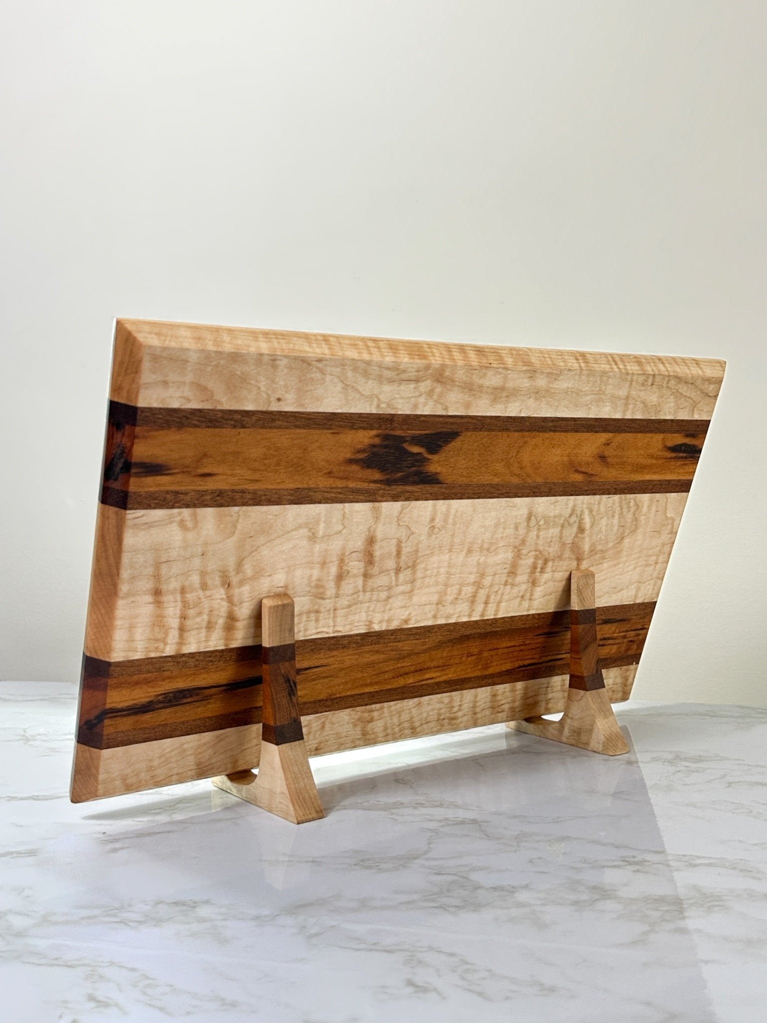 Exotic Fancy Maple - Handmade Wooden Cutting Board - RTS back view on display stands 2