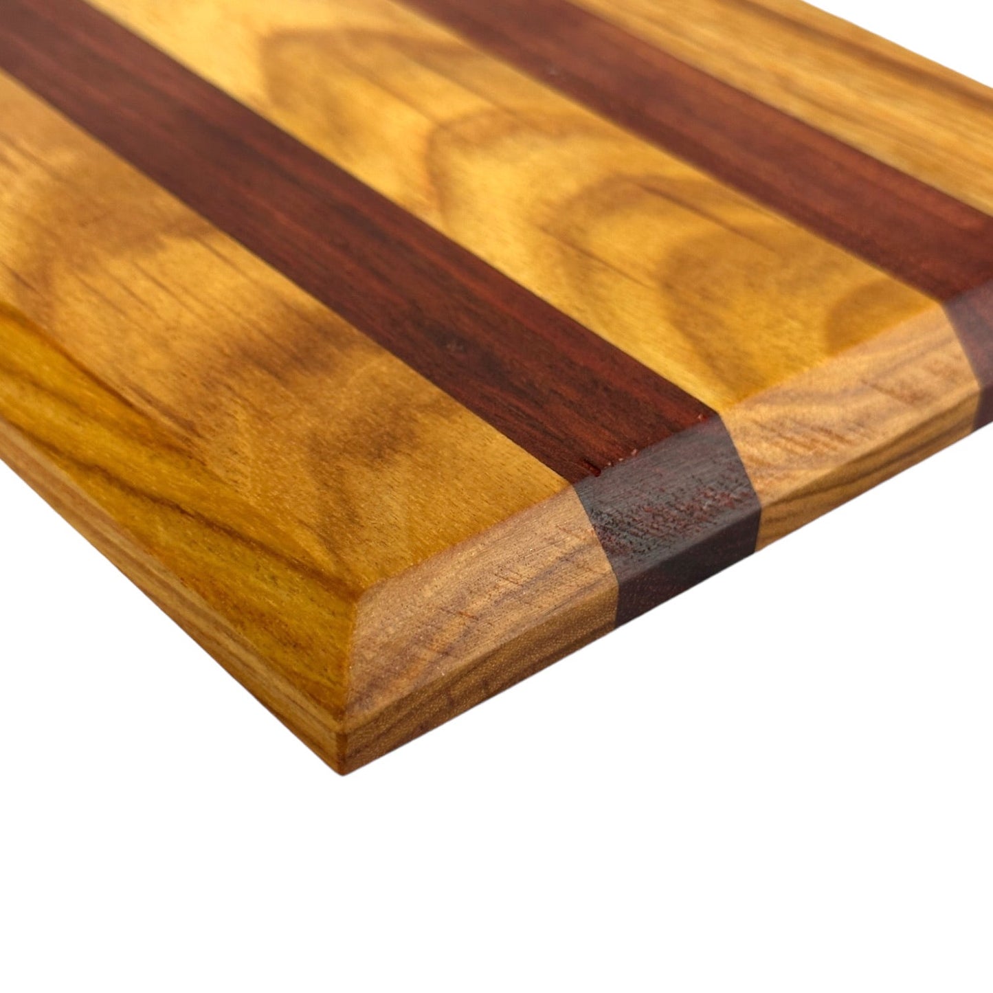 Exotic Mini Wood Cutting Boards - RTS canary and bloodwood bottom edge bevel view