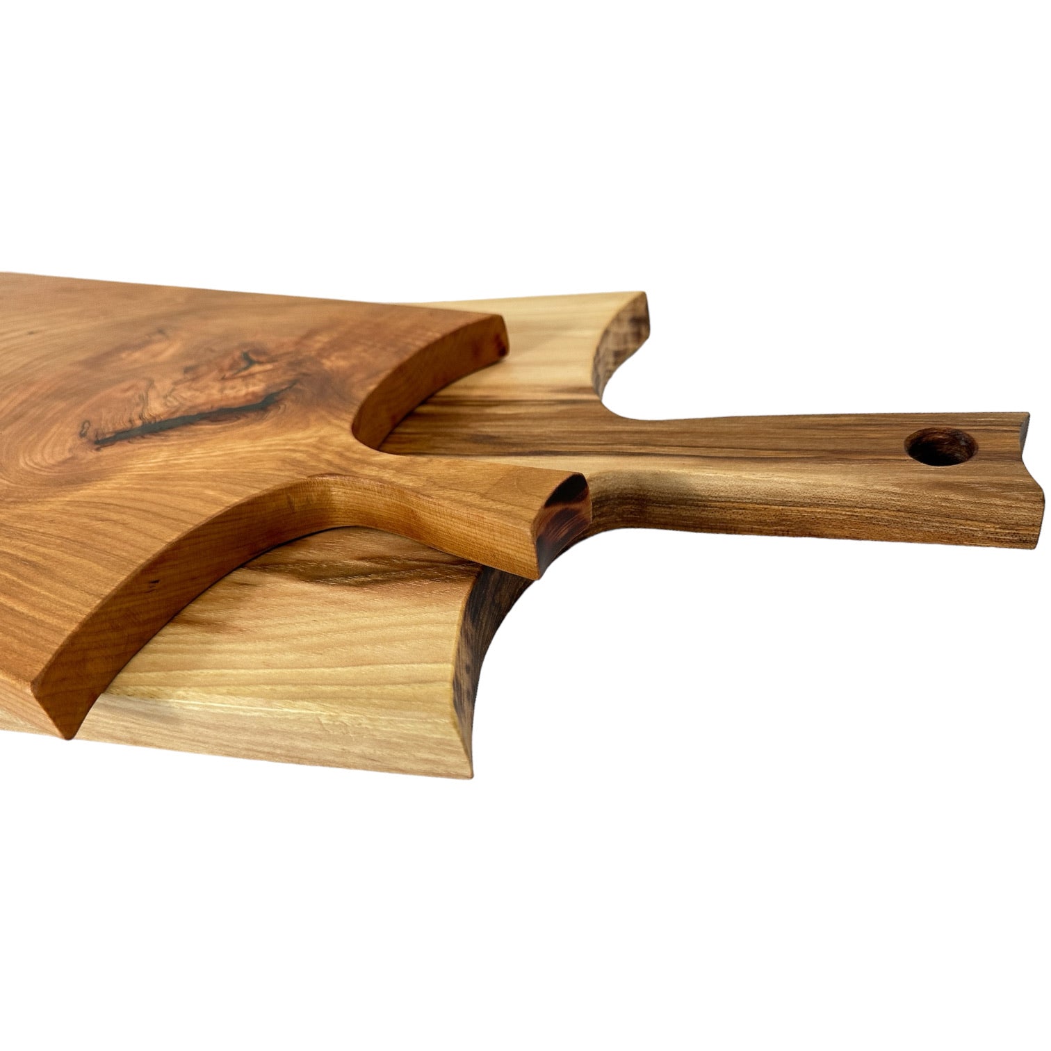 Rustic Handmade Wooden Charcuterie Boards - RTS hickory and cherry handles detail view