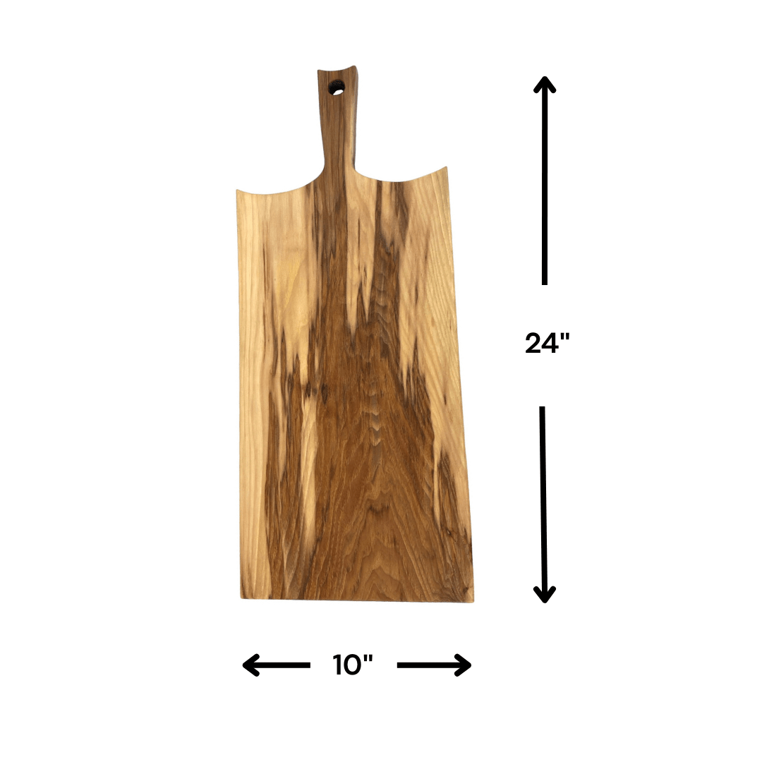 Rustic Handmade Wooden Charcuterie Boards - RTS hickory front view with size dimension labels