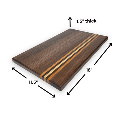Walnut Inlay - Handmade Wooden Cutting Board - MTO top view with size labels
